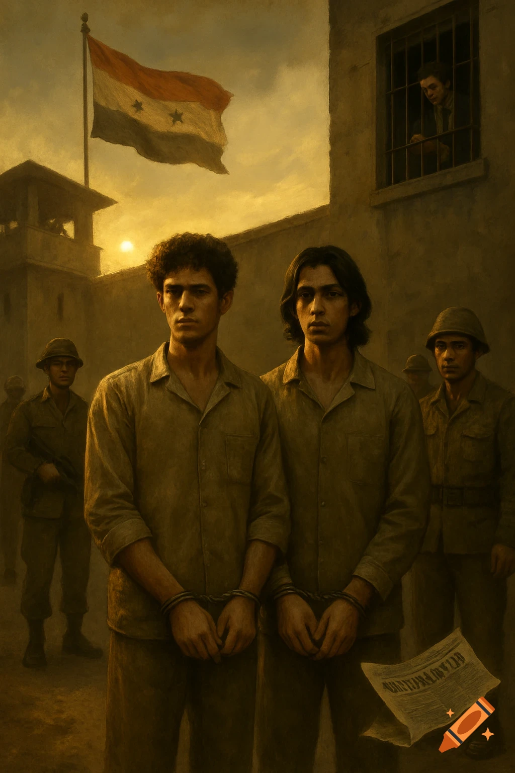 Two young men in prison uniforms stand cuffed in a courtyard under a fluttering flag, soldiers nearby, in a dramatic painterly style.