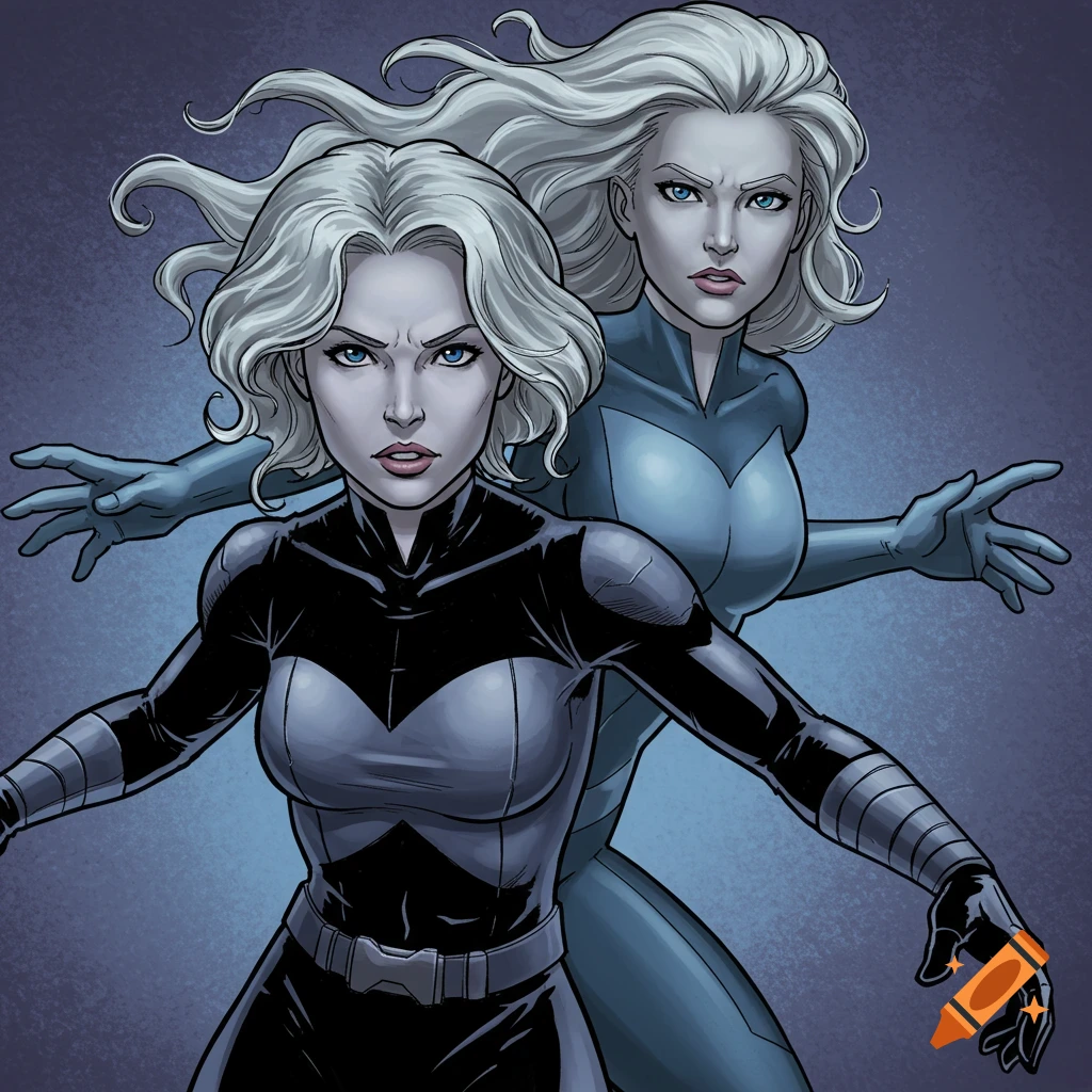 Two women with white hair and blue eyes in comic book style superhero suits