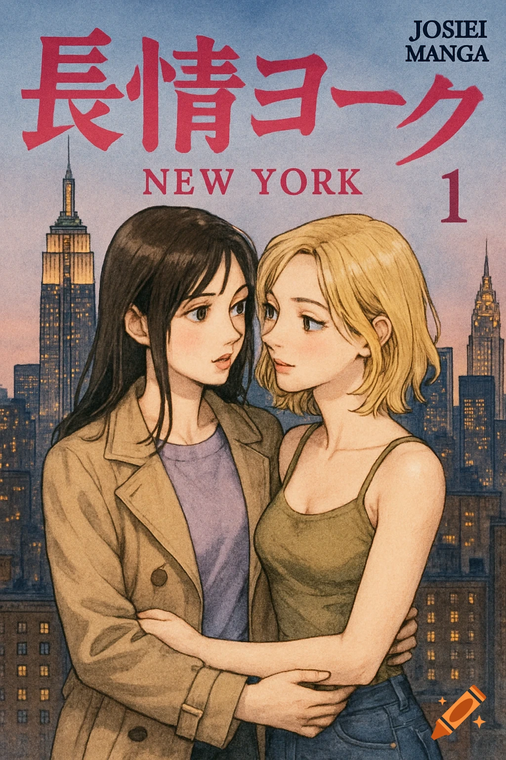 Manga illustration of two women embracing in front of the New York City skyline.