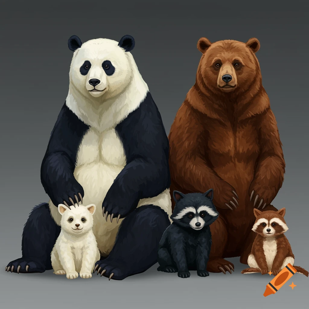 An illustration shows a giant panda, a brown bear, a small white bear cub, a black raccoon, and a reddish-brown raccoon sitting together.
