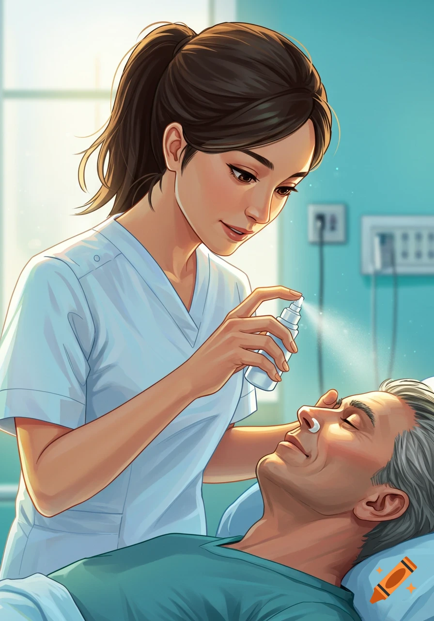 An illustration of a nurse applying nasal spray to a patient in a hospital bed.