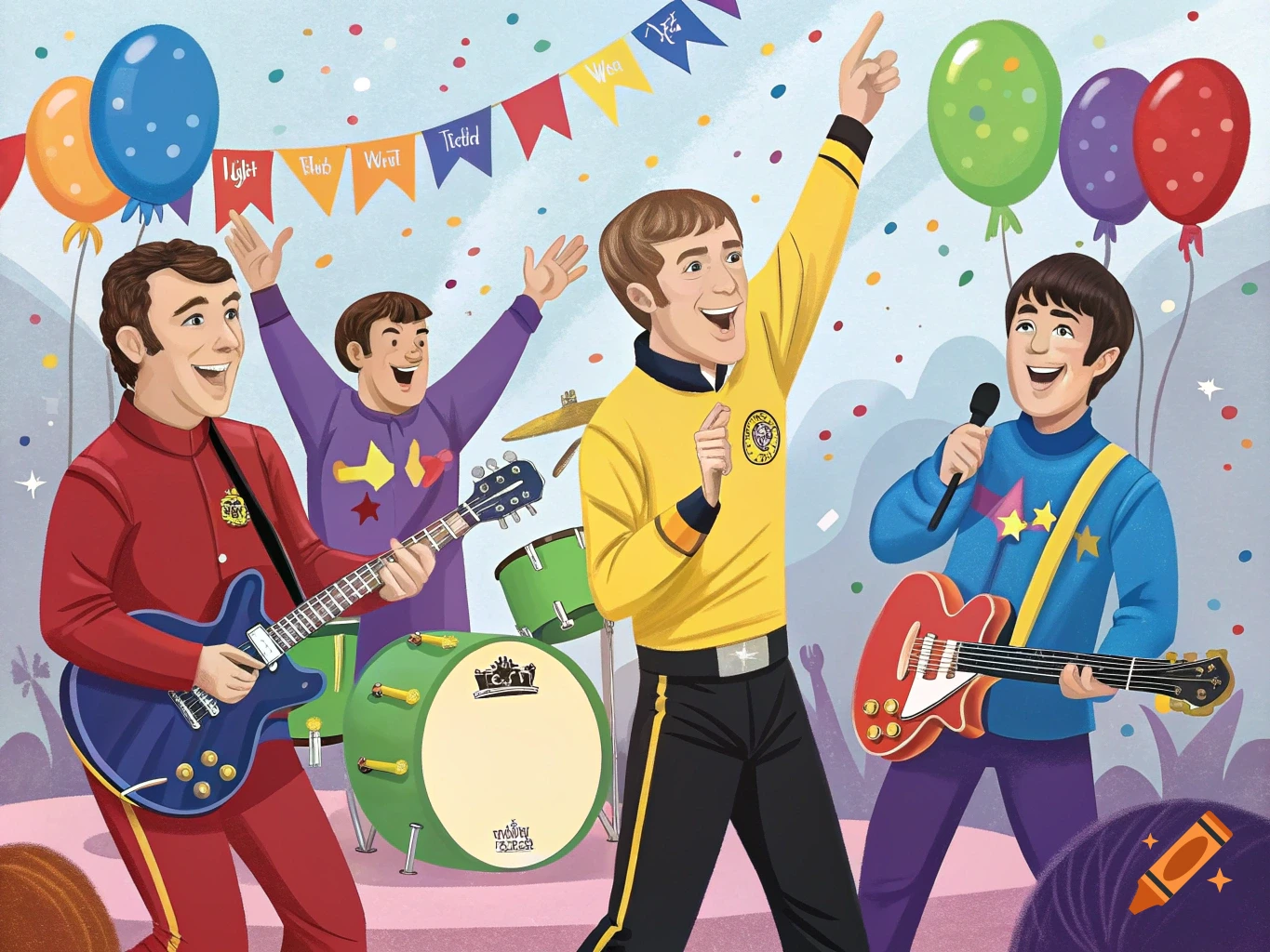 Four people in colorful outfits playing music on a stage with balloons and confetti in an illustration style.