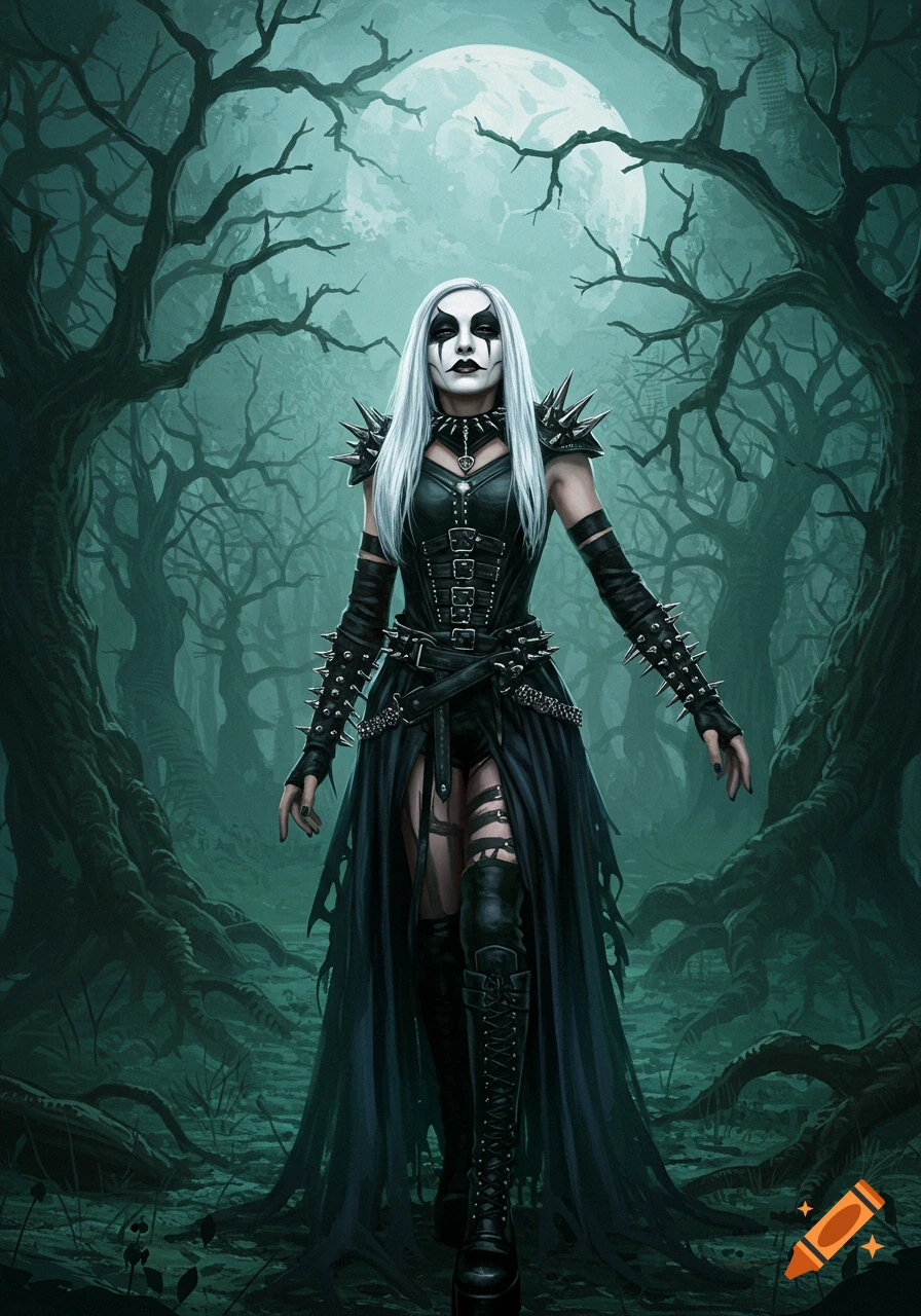Woman with white facepaint and black metal attire in a dark forest under a full moon.