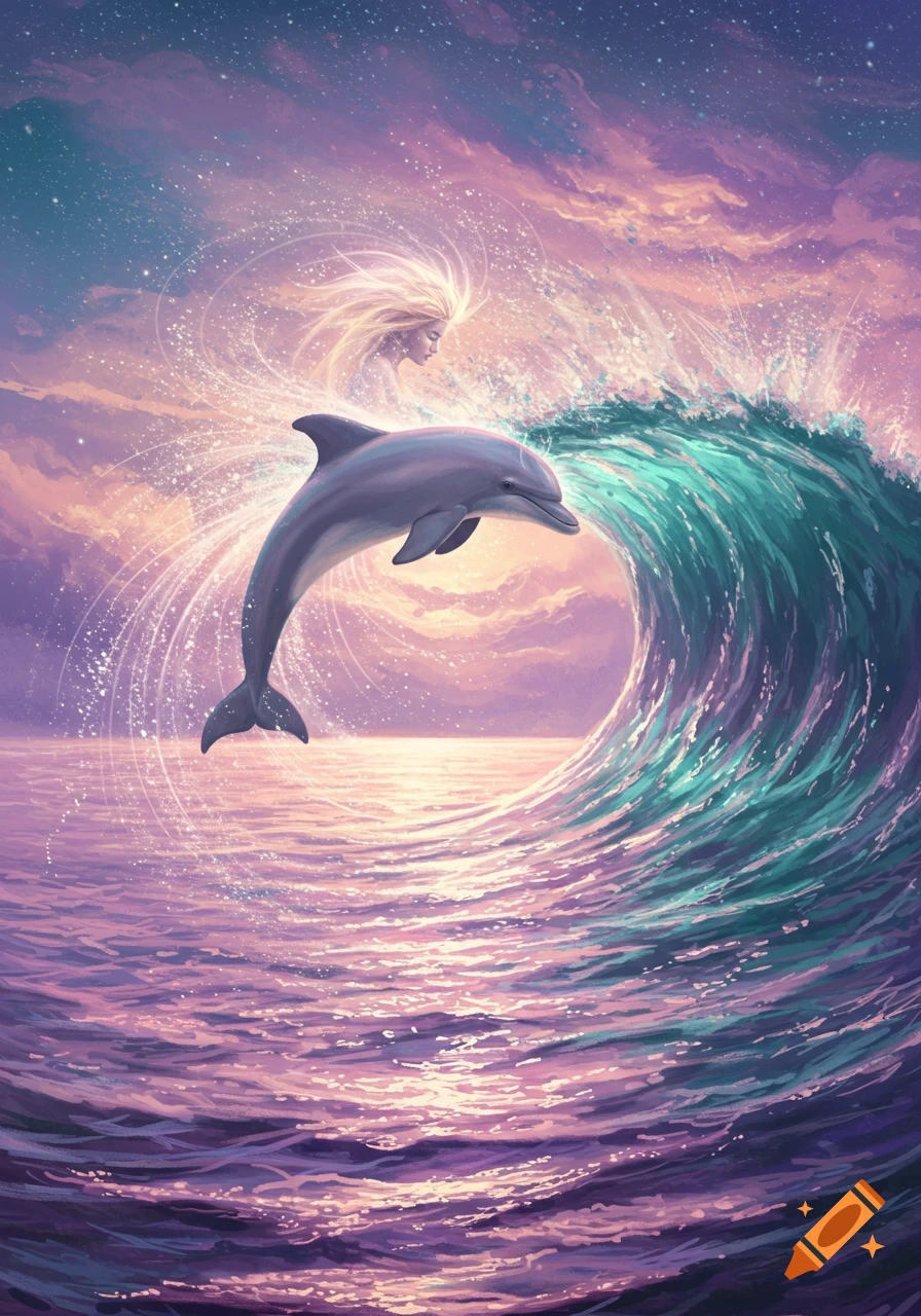 Fantasy art of a dolphin leaping from a wave with a glowing figure in the spiritual colors of sunset.