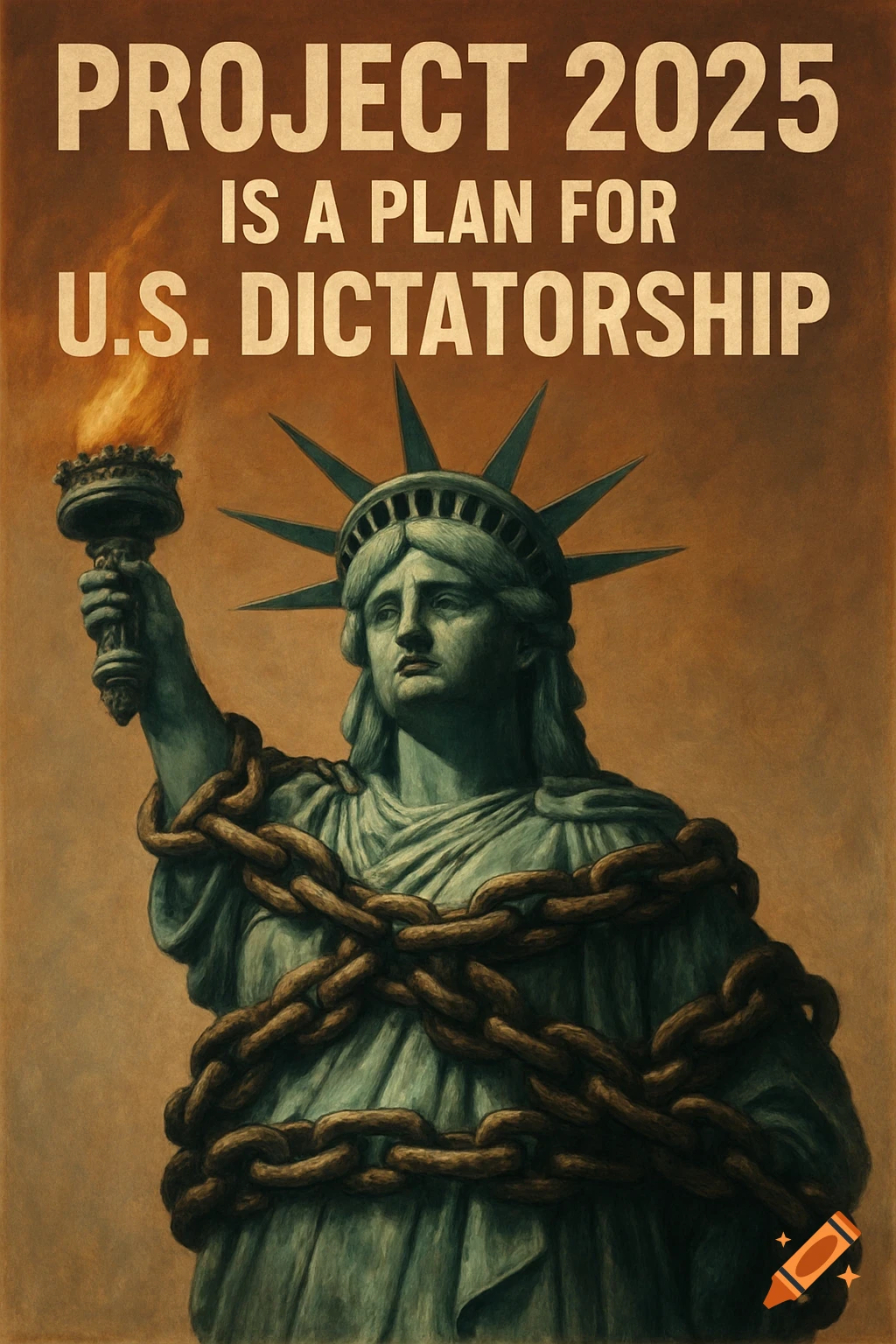 Statue of Liberty wrapped in thick chains against a brown background. Text reads 'Project 2025 is a plan for U.S. dictatorship.' Painted style poster.