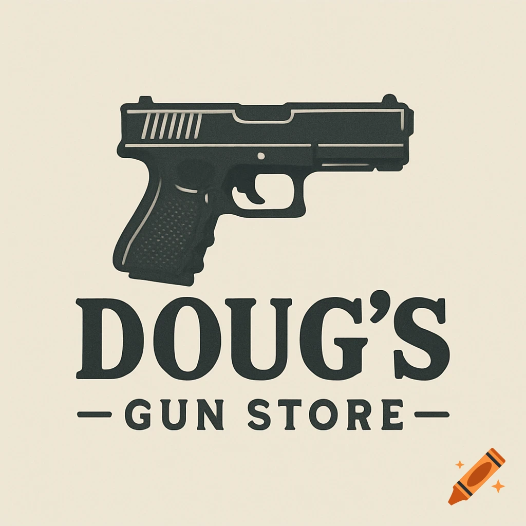 Logo for Doug's Gun Store featuring a handgun.