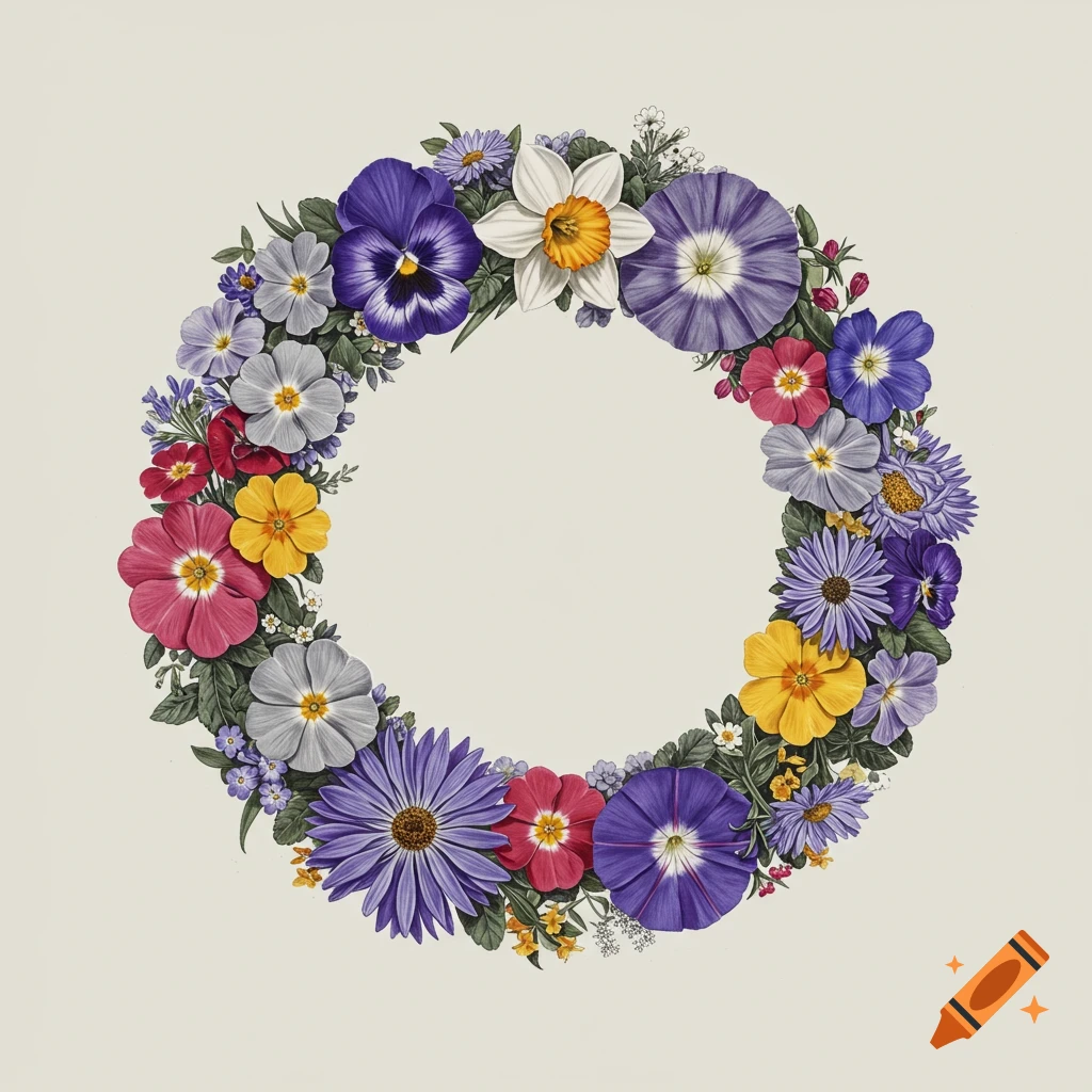 A detailed botanical illustration of a colorful floral wreath.