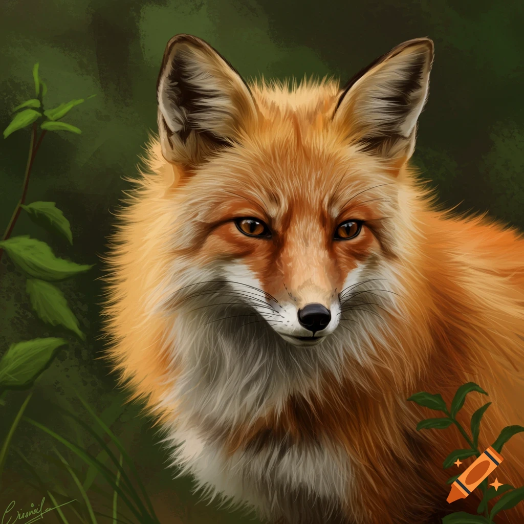Digital painting of a red fox looking forward, with blurry green foliage.