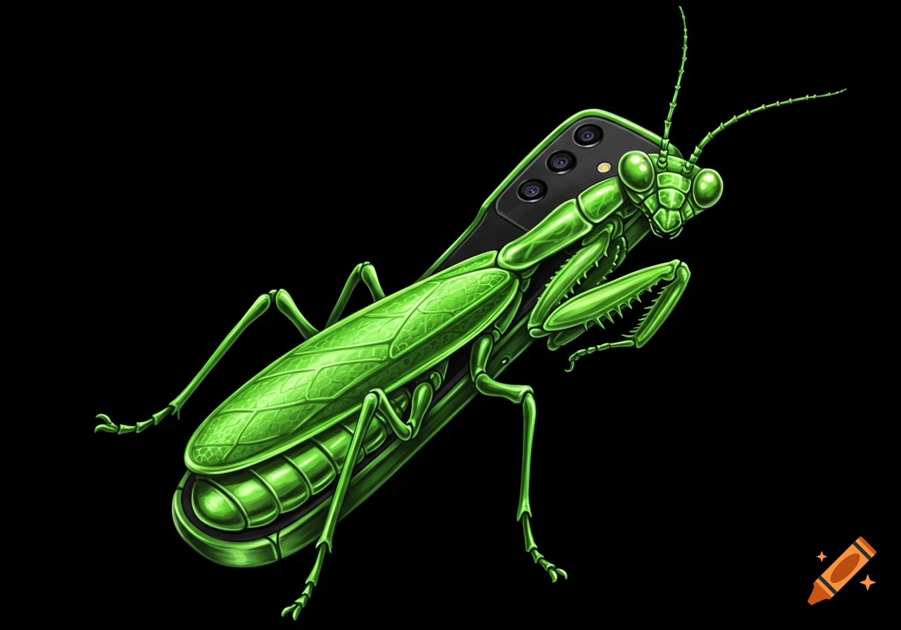 A green praying mantis creature with a cell phone body on a black background, illustration.