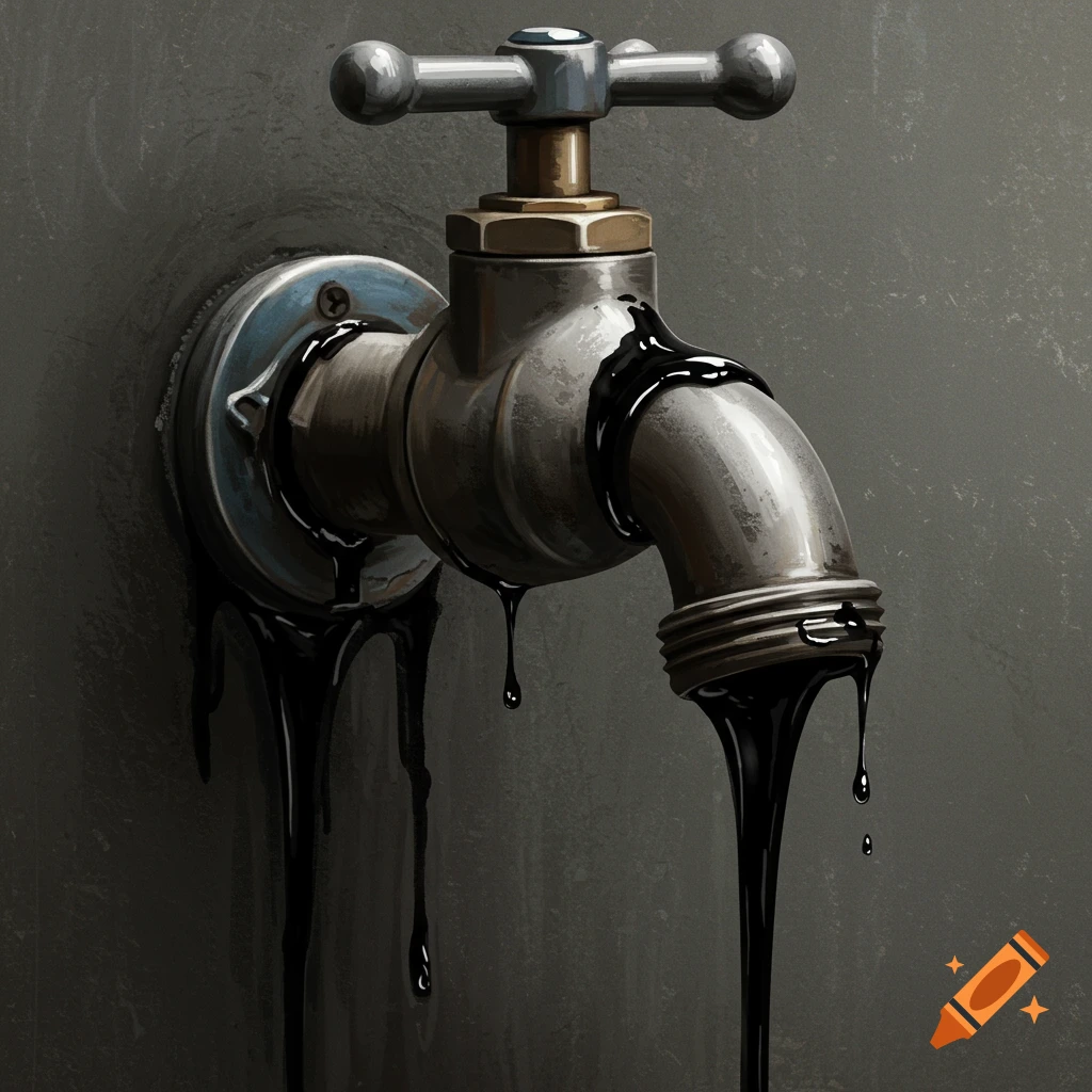A close-up of a metal faucet dripping thick black liquid.