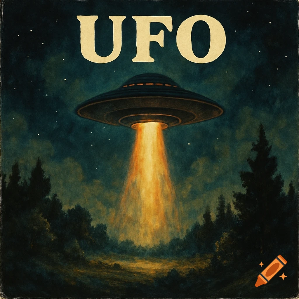 Painterly style album cover for "UFO" showing a UFO beaming light onto a forest clearing at night with stars in the sky.