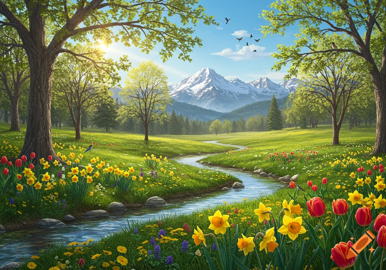 A vibrant spring landscape with a stream flowing through a flower-filled meadow towards mountains.