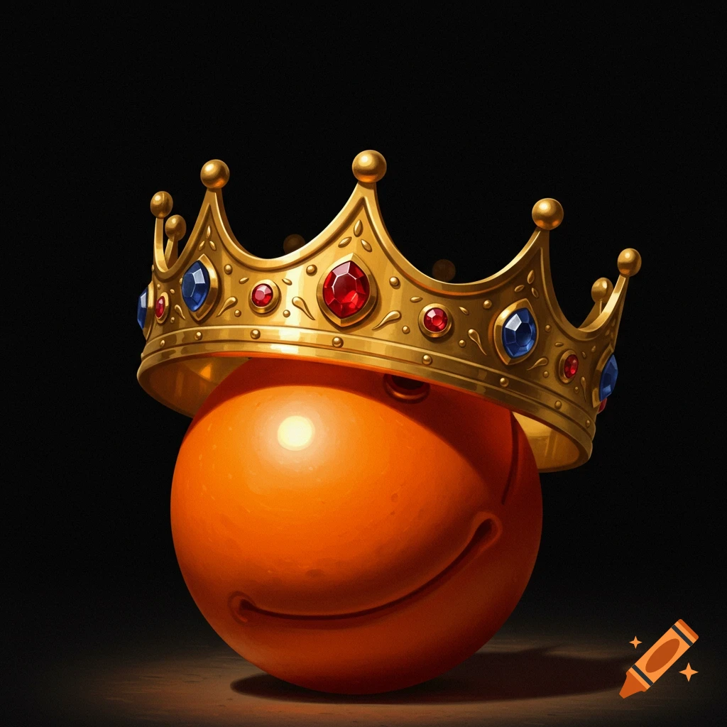 An orange sphere with a smiley face wears a gold crown decorated with red and blue gems on a dark background.
