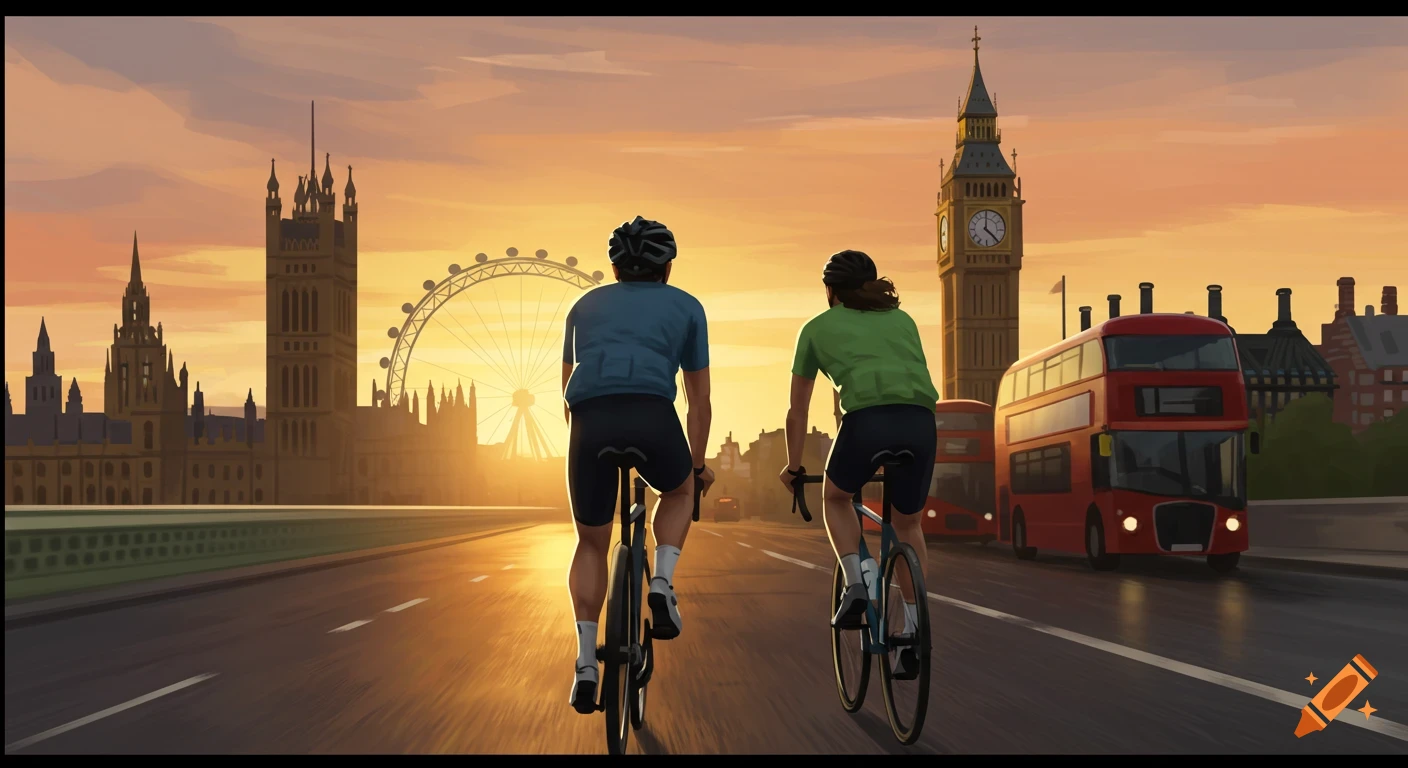 Two cyclists ride on a road toward the London skyline with Big Ben and the London Eye at sunset.