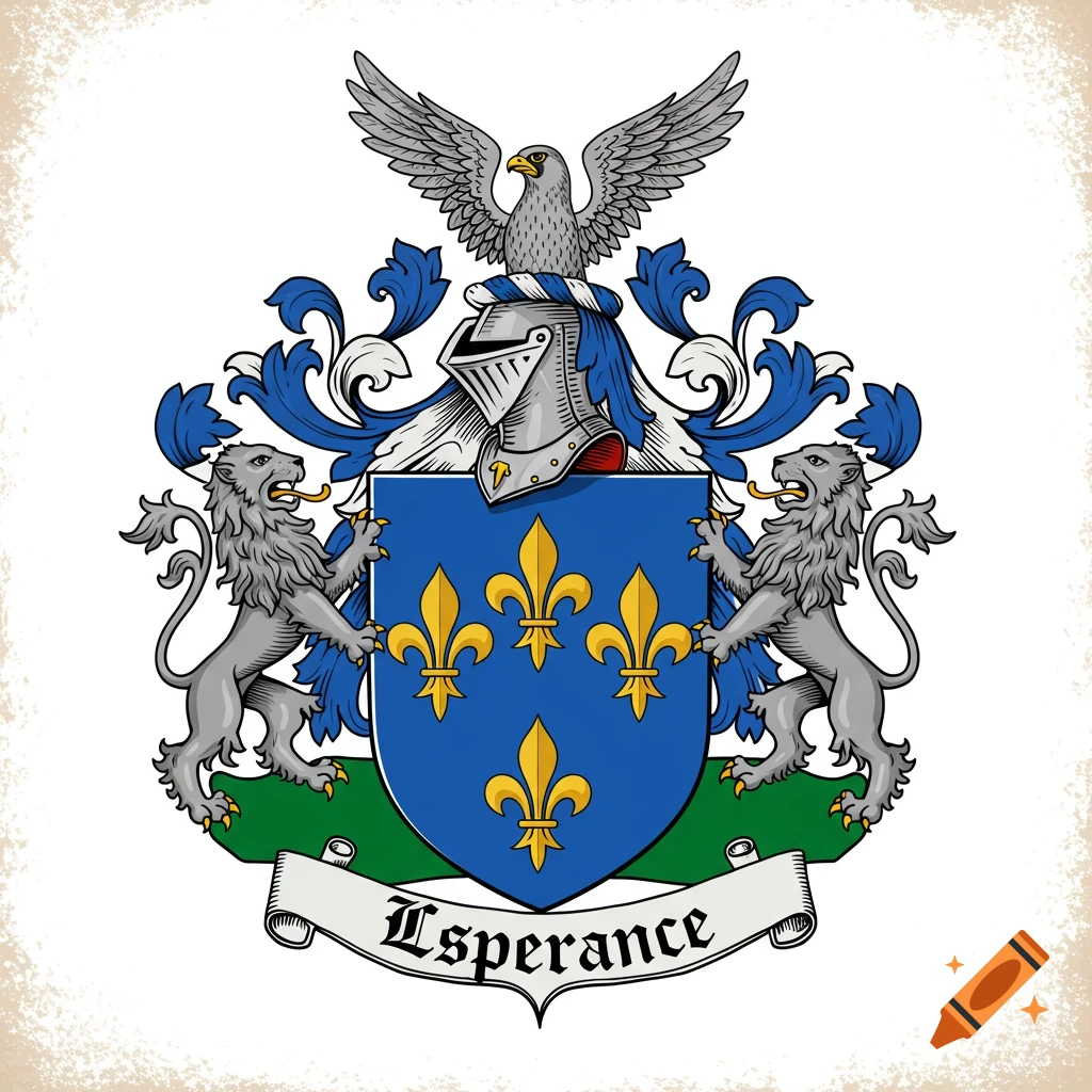 Coat of arms with lions, shield, fleurs-de-lis, helmet, eagle, and a banner reading 'Lesperance'.