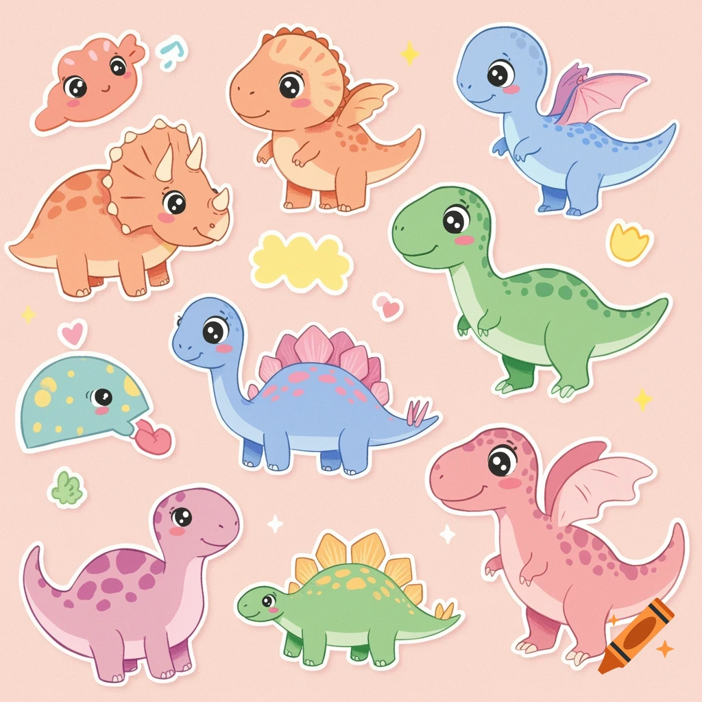 Cute cartoon dinosaur stickers in various colors on a light pink background.