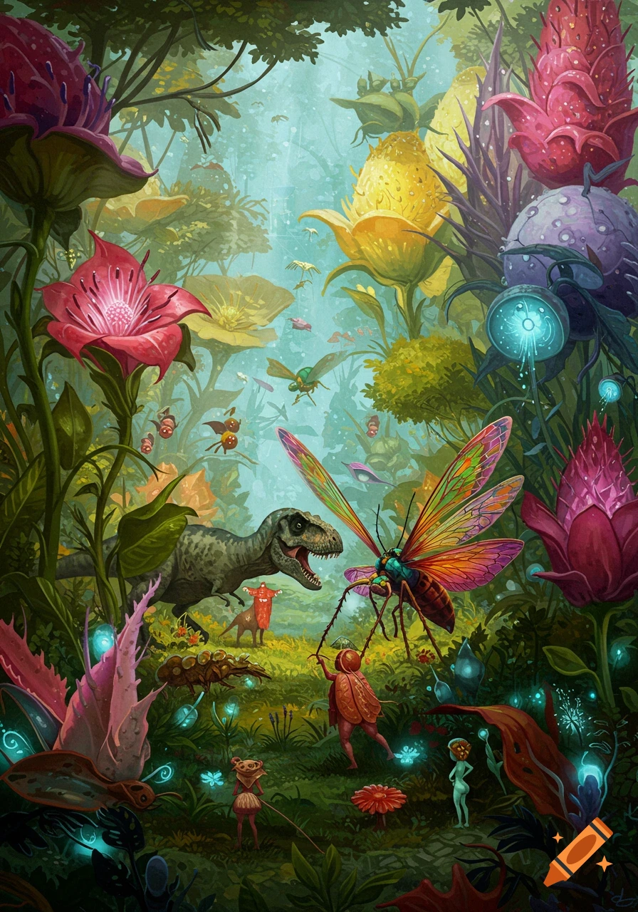 Fantasy prehistoric scene with a dinosaur, giant insects, and small figures among large, colorful tropical plants and flowers.