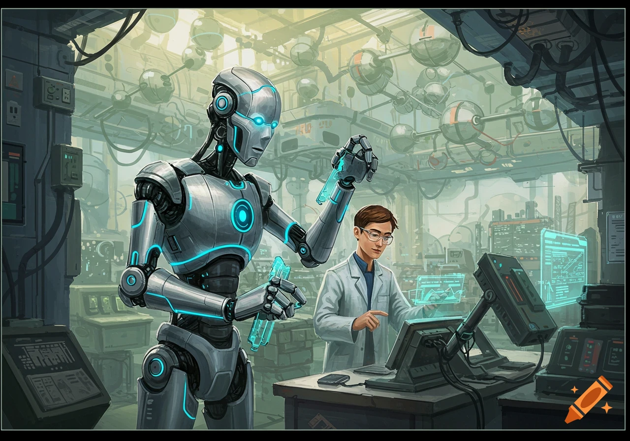 A robot and a scientist work together in a detailed, futuristic laboratory.