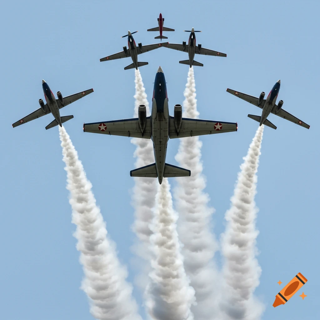 Five jet airplanes fly in formation with smoke trails, viewed from below.