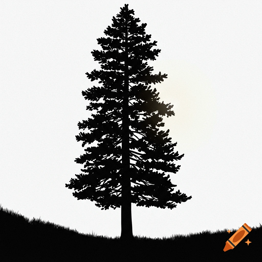 Silhouette of a tall pine tree against a light sky with grass at the base.
