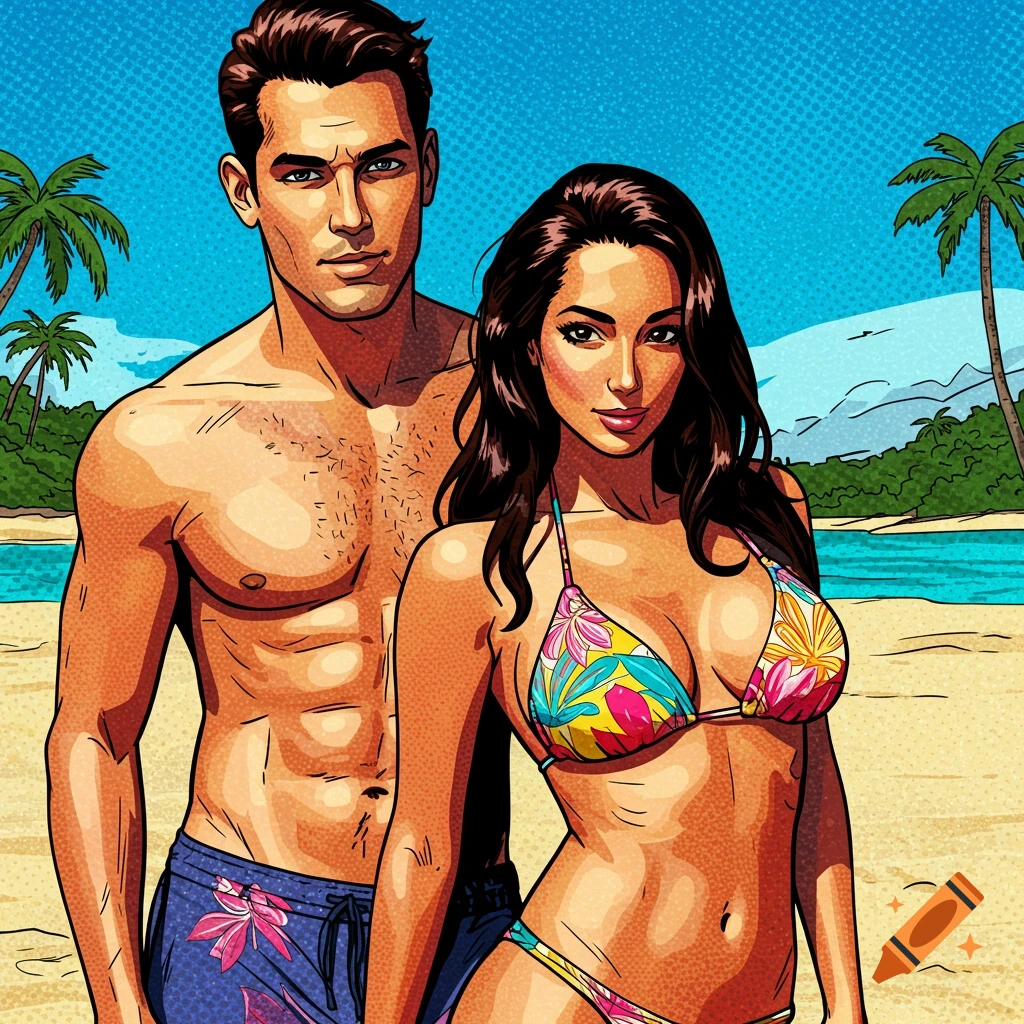 Couple on a beach in swimwear in pop art style