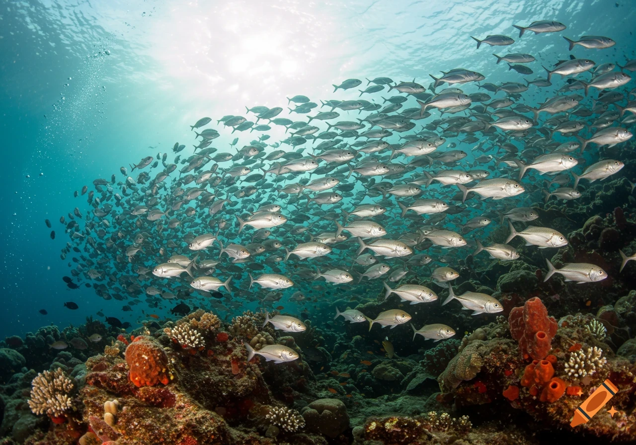 A large school of fish swimming over a coral reef underwater, with sunlight breaking through the surface.