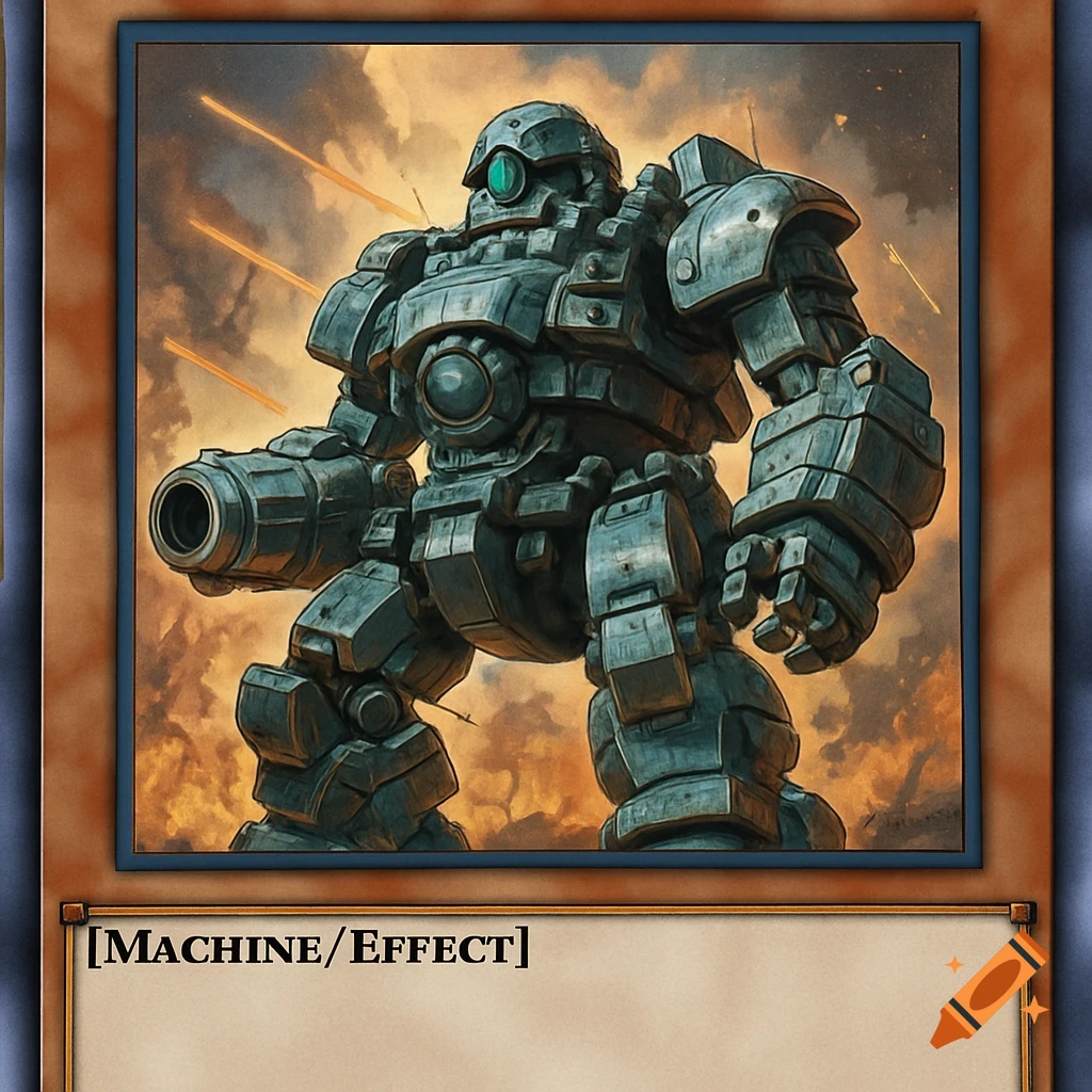 A giant grey robot with a cannon arm stands against an orange sky in a fantasy card frame.
