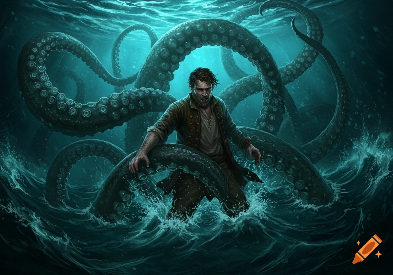 A man struggles in dark, turbulent water, surrounded by giant kraken tentacles in a digital painting.