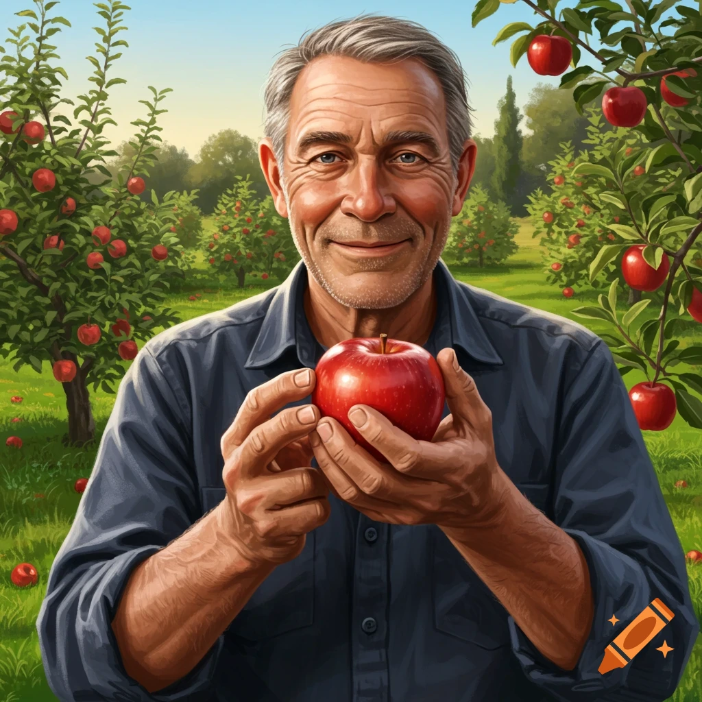 Older man smiling and holding a red apple in an orchard.