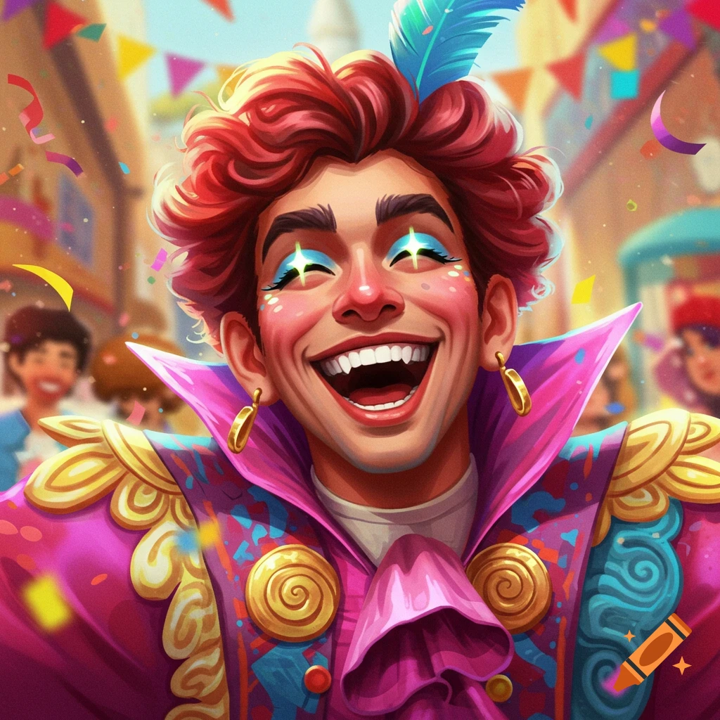 Person in colorful carnival costume with sparkly makeup laughs in street with confetti.