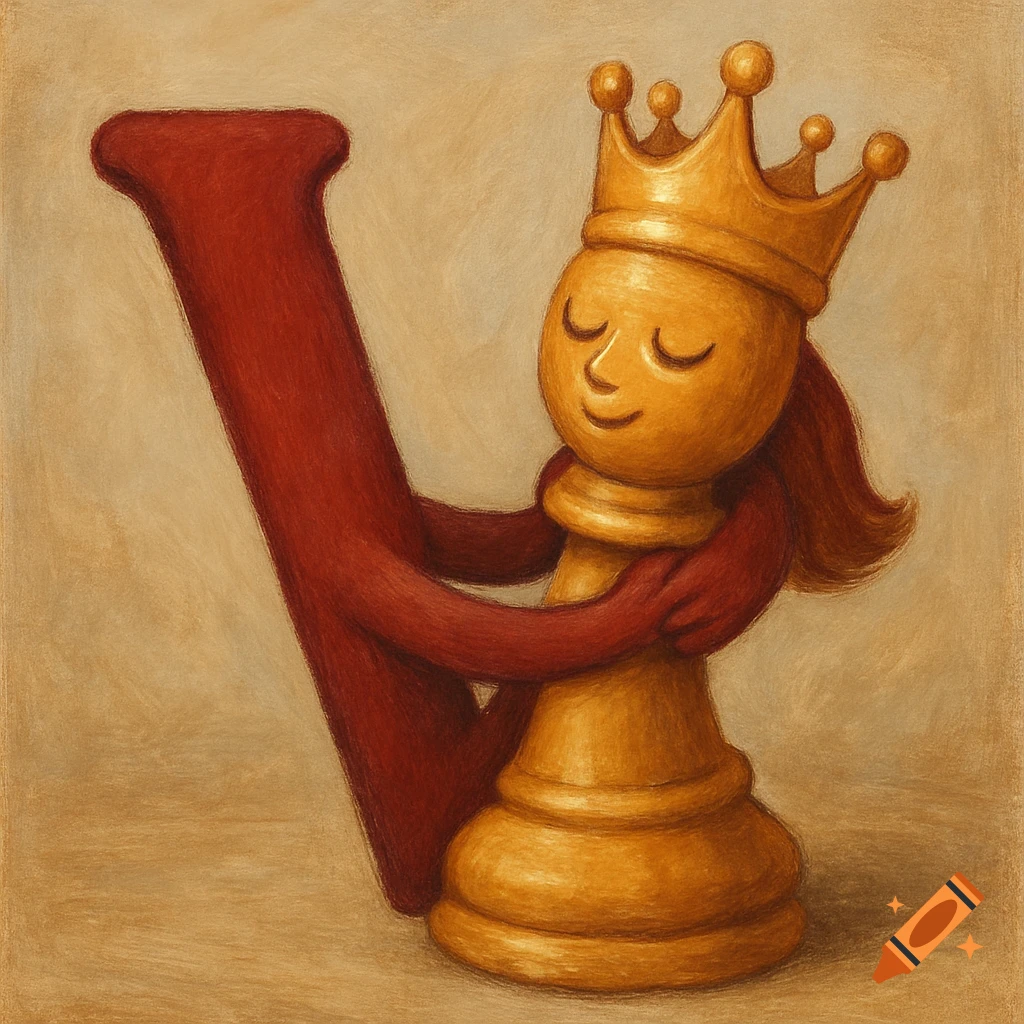 A red letter V illustration hugging a golden chess queen piece.