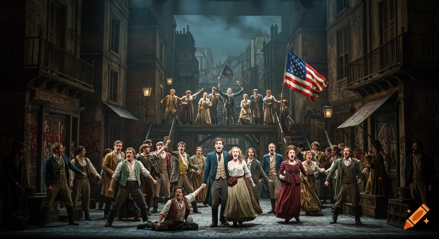 Performers on a stage set of a street scene with buildings and flags, singing intensely.