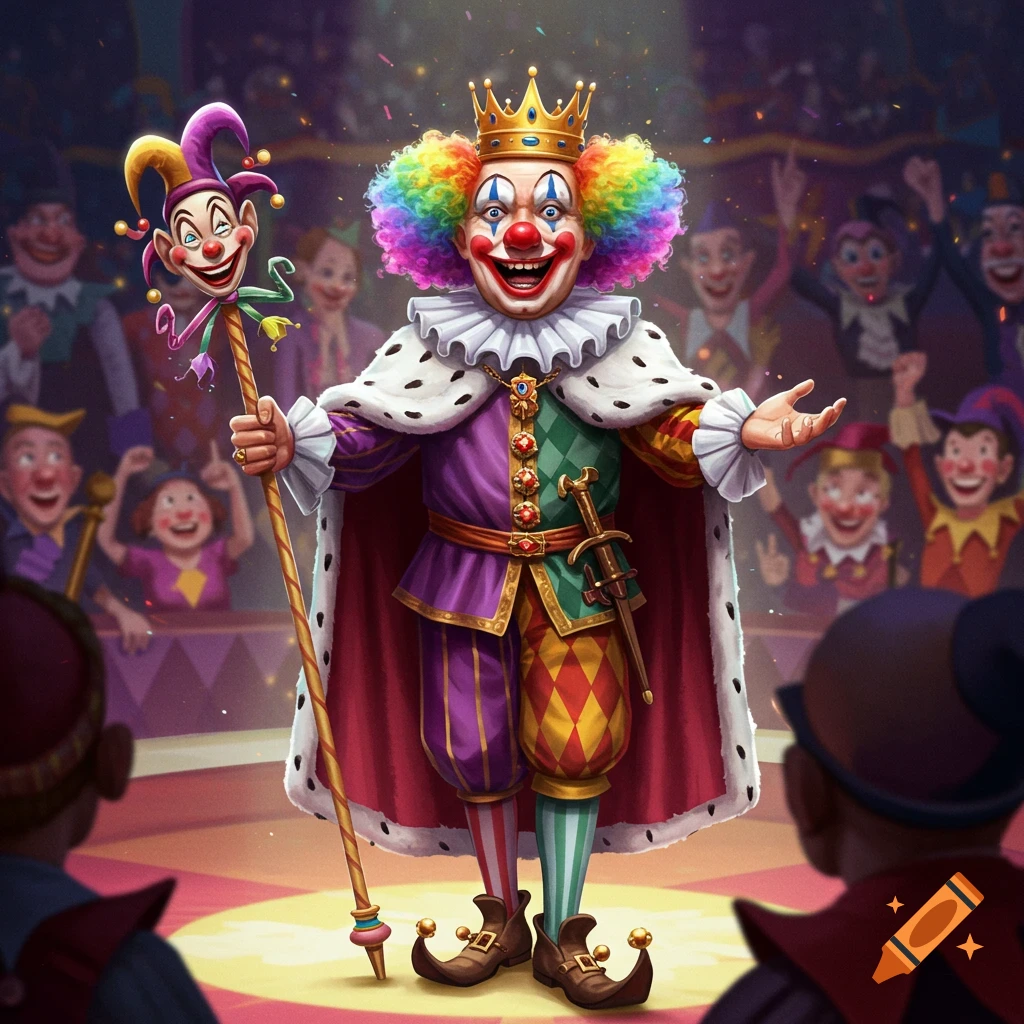A clown wearing a king's crown and regal robe stands in a circus ring holding a jester scepter.