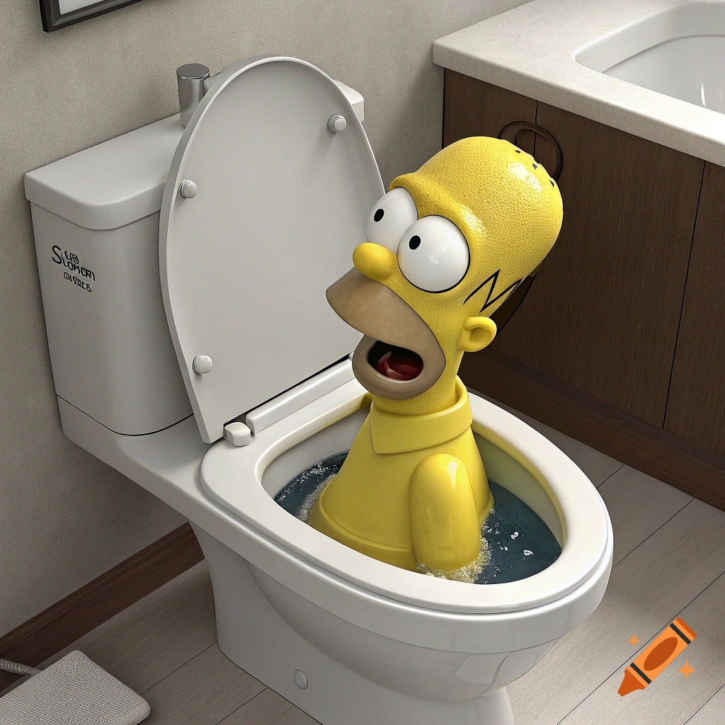 Homer Simpson's head emerges from a toilet.