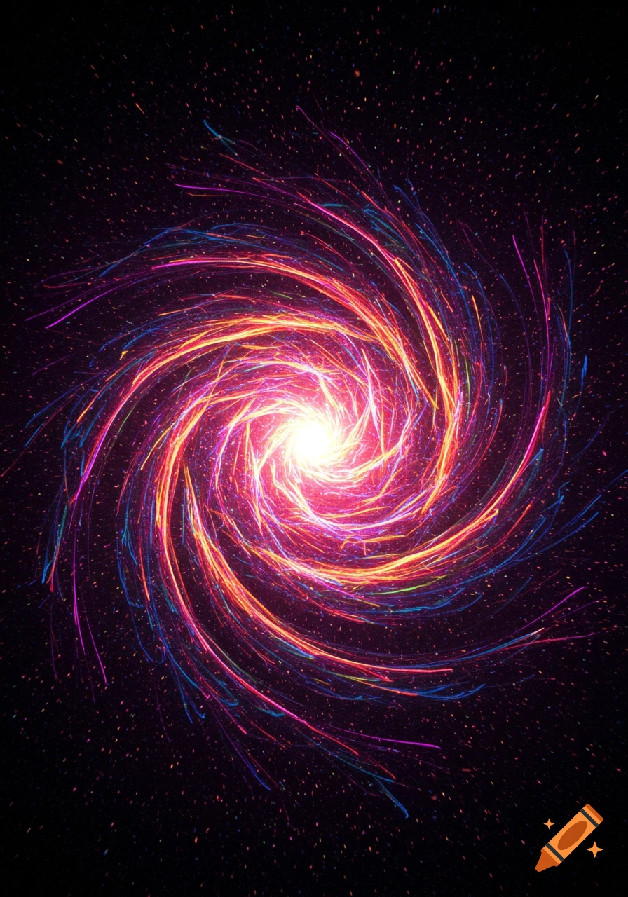 A colorful, glowing vortex or spiral in psychedelic style against a dark background with points of light.