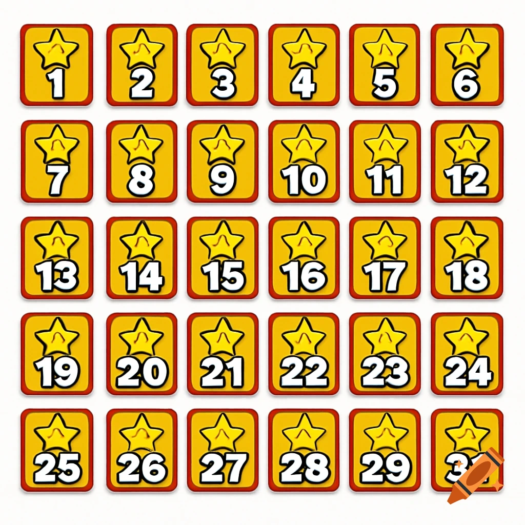 Grid of 31 numbered tags (1-31) with stars
