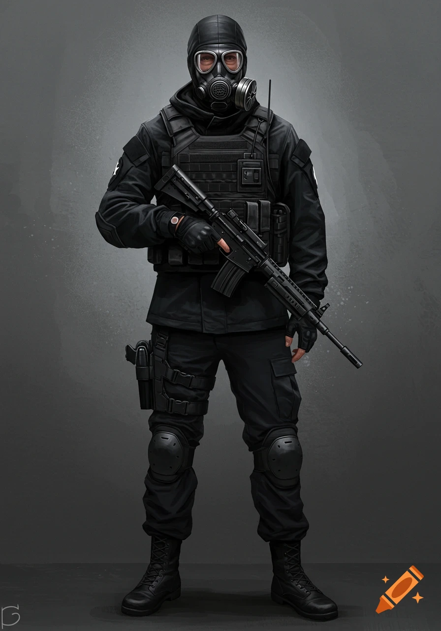 Digital painting of a person in black tactical gear, gas mask, and rifle.