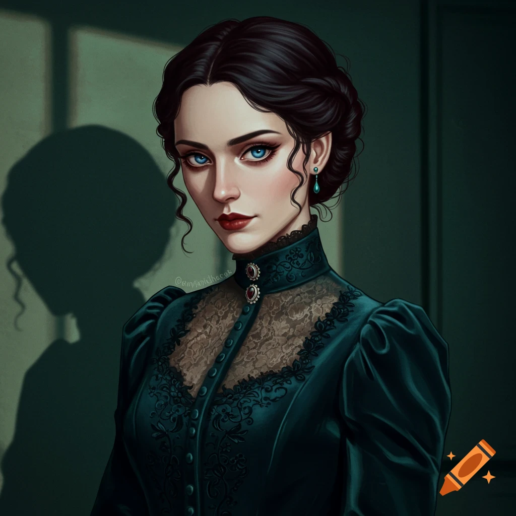 Digital illustration of a woman in a historical teal dress with lace collar, dark hair, and striking blue eyes
