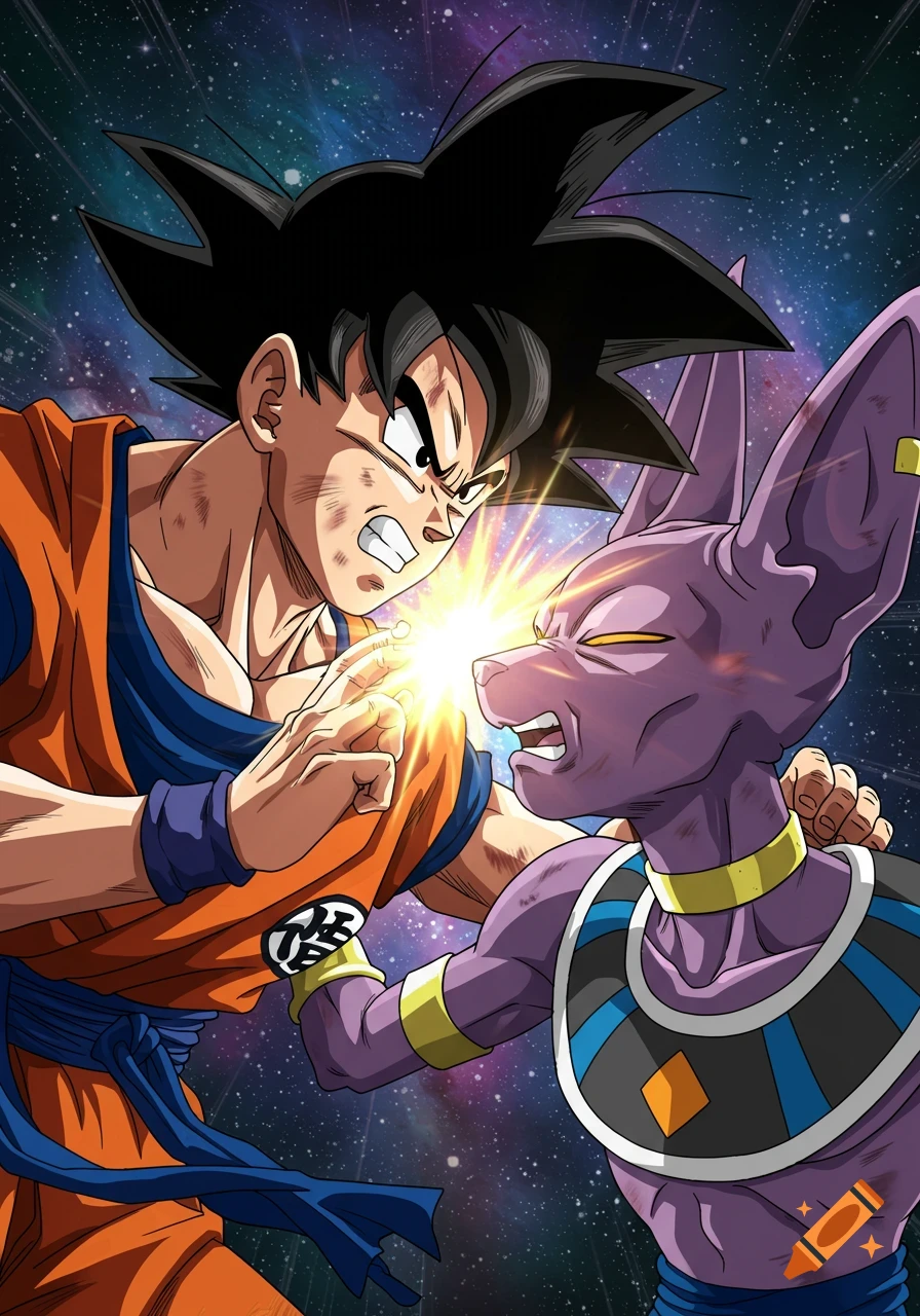 Anime style illustration of Goku and Beerus punching fists in a starry galaxy background.