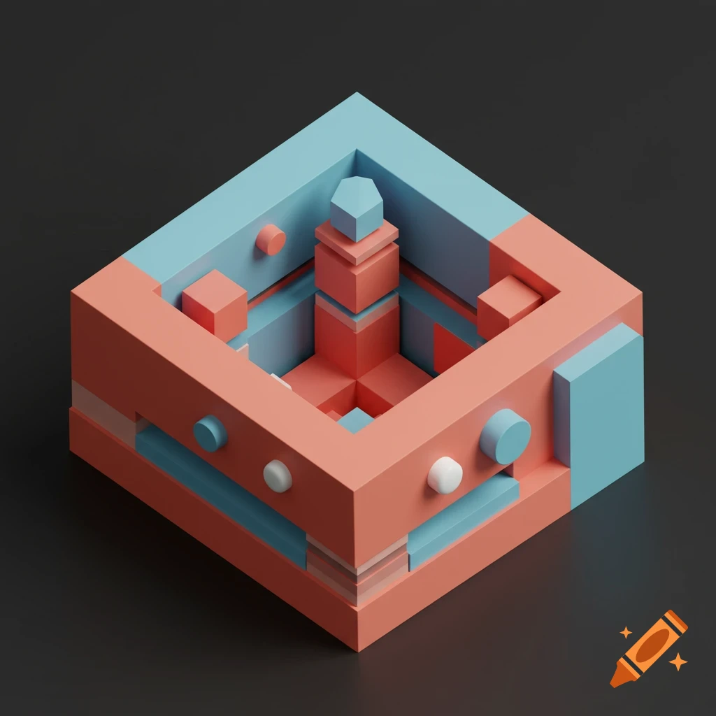 An isometric 3D rendering of an abstract structure with orange-pink and blue geometric blocks.