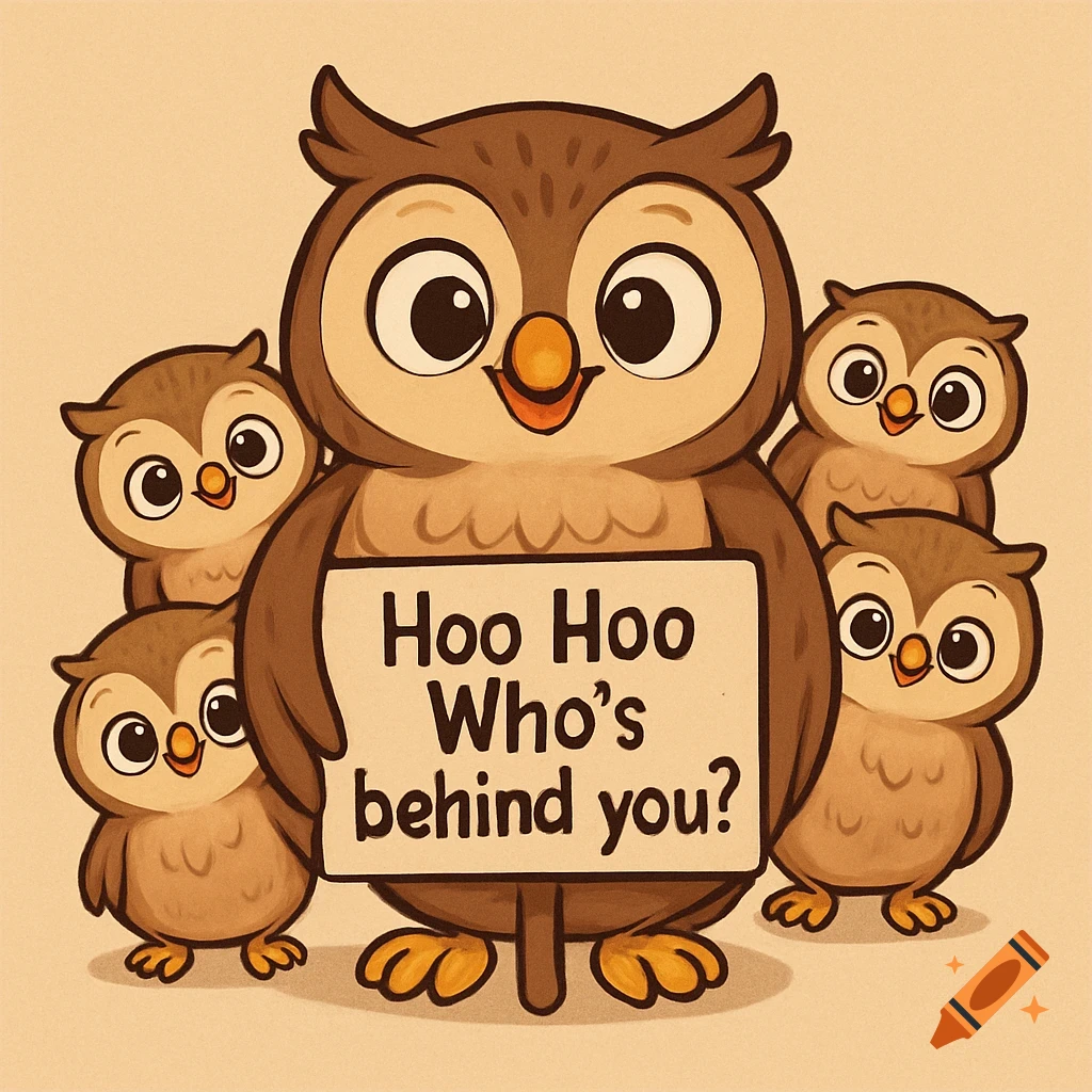 A cartoon owl family with a large owl holding a sign that says 'Hoo Hoo Who's behind you?' surrounded by smaller owls.