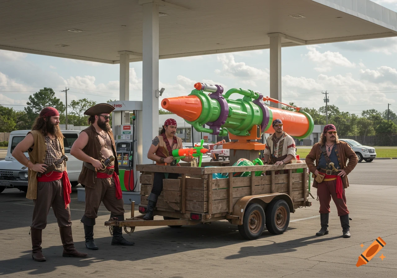 A group of pirates guards a trailer holding a giant water gun in a gas station parking lot.