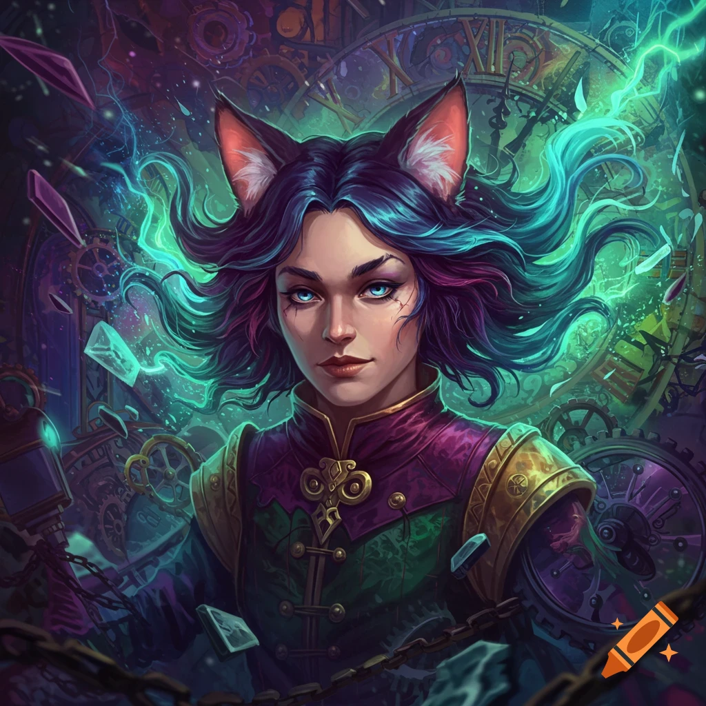 Fantasy portrait of a character with cat ears, colorful swirling hair, surrounded by clockwork and energy.