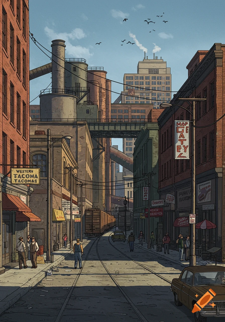 An illustration of a bustling industrial city street with train tracks, factories, brick buildings, and pedestrians.