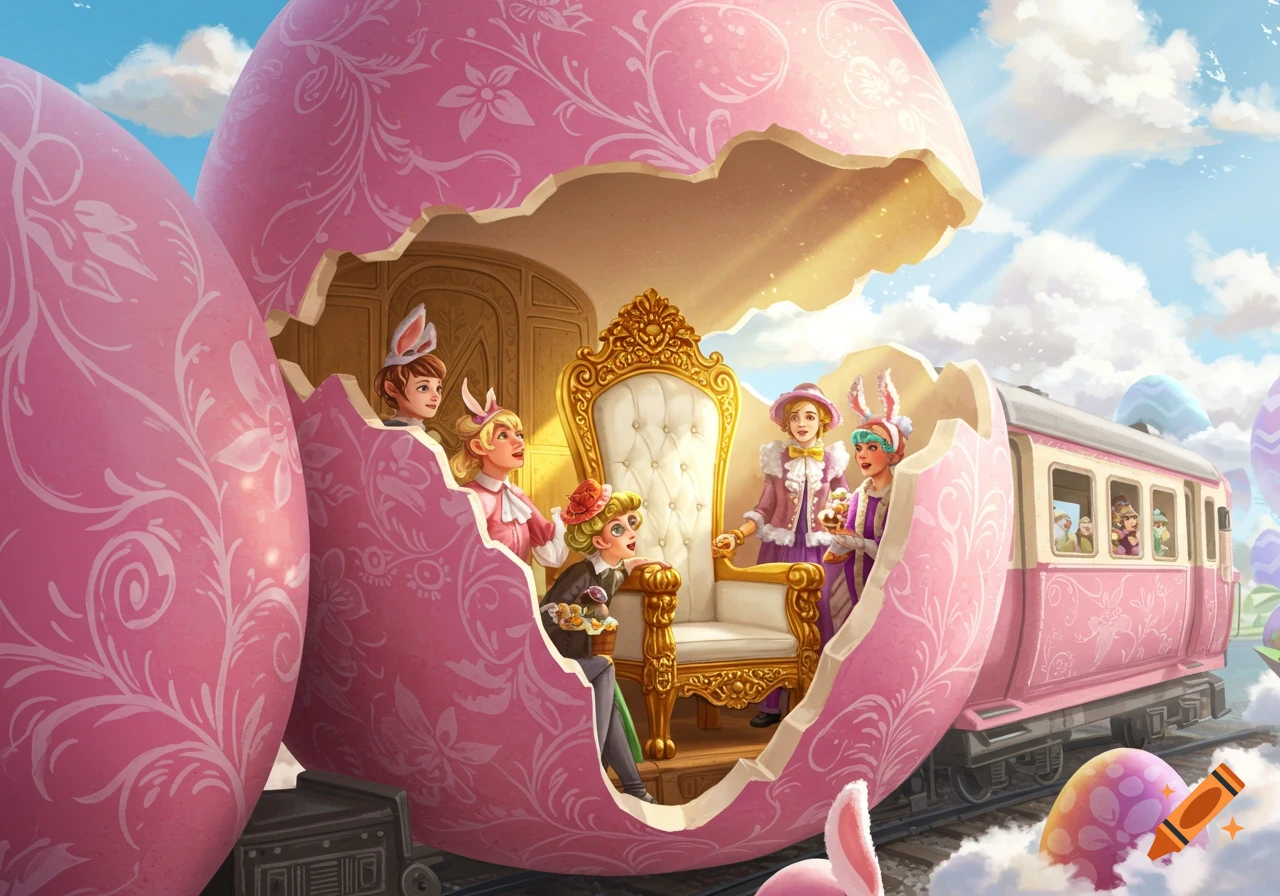 Whimsical illustration of people in a giant cracked Easter egg on train tracks with a throne inside