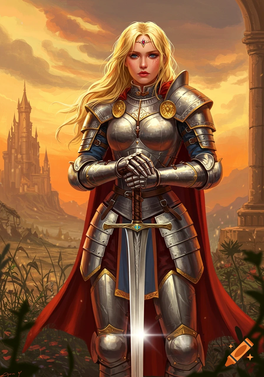 Blonde woman in detailed plate armor holds a sword in a fantasy landscape with a castle behind her.