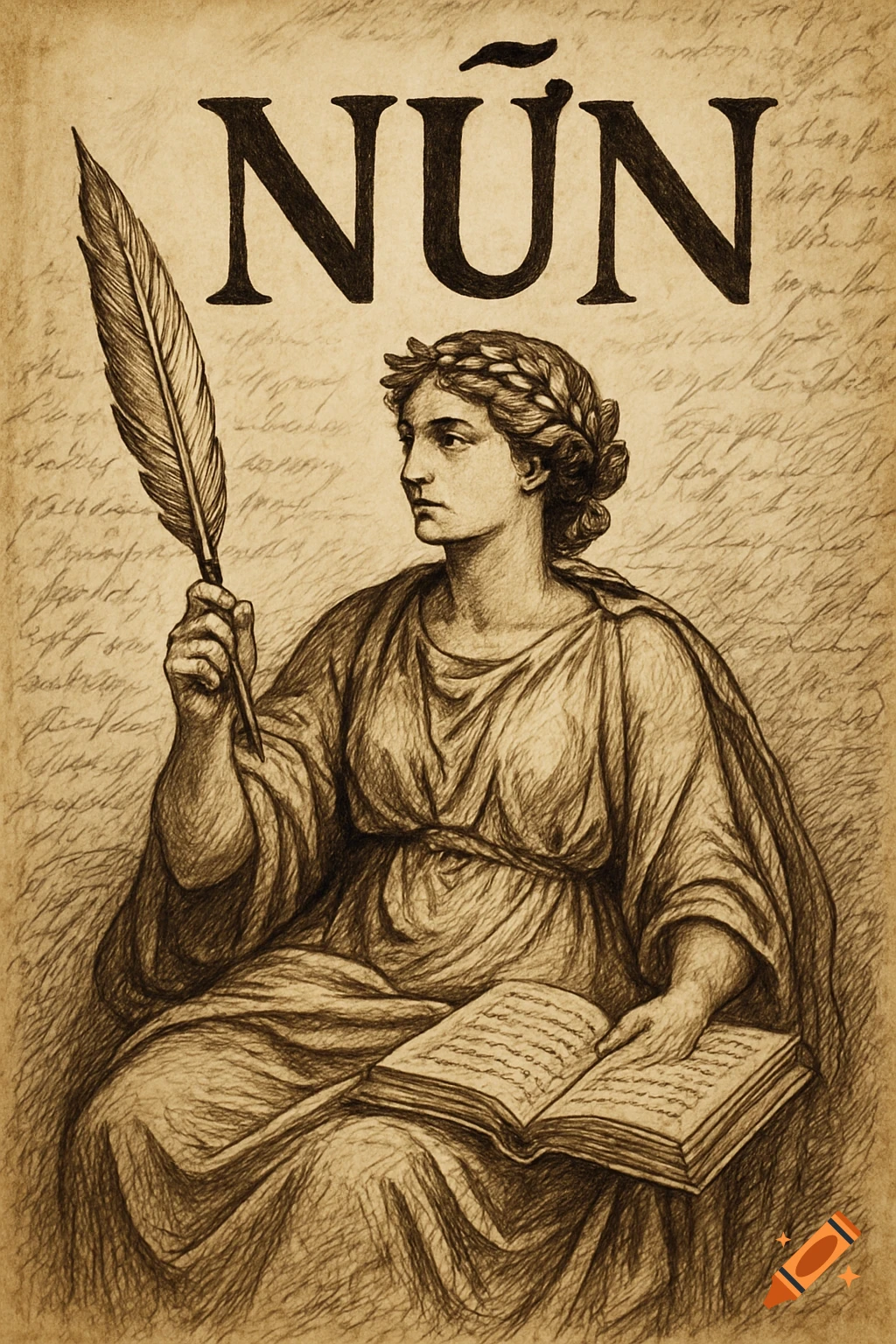 Sepia drawing of classical figure writing in a book with a quill, large text NÚN above.