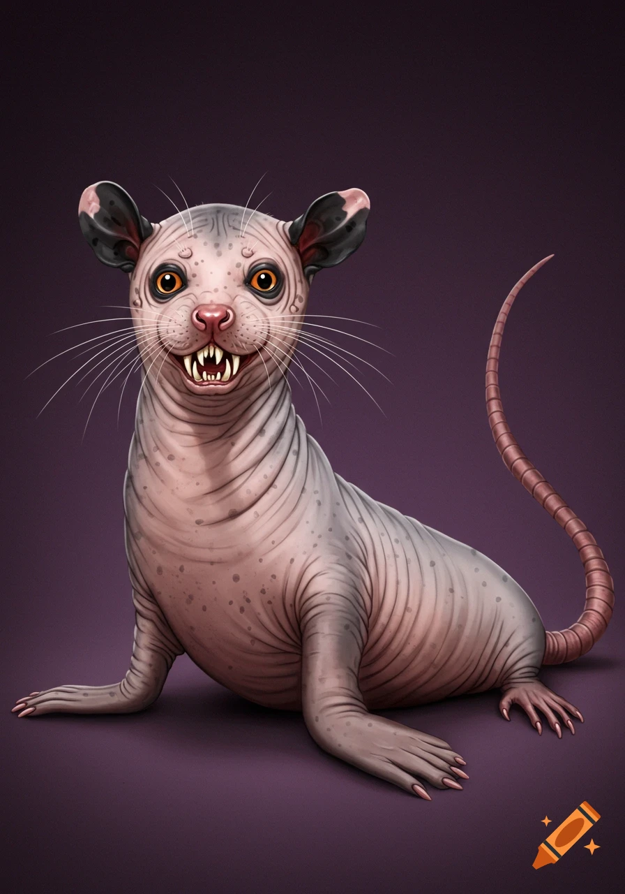 Illustration of a fantasy creature with a hairless seal body, rat tail, and a possum face with sharp teeth.