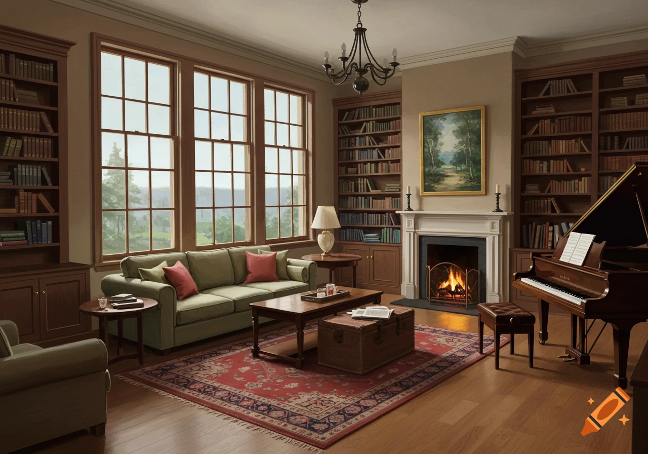 A cozy library room with a sofa, fireplace, bookshelves, a grand piano, and large windows overlooking a landscape.
