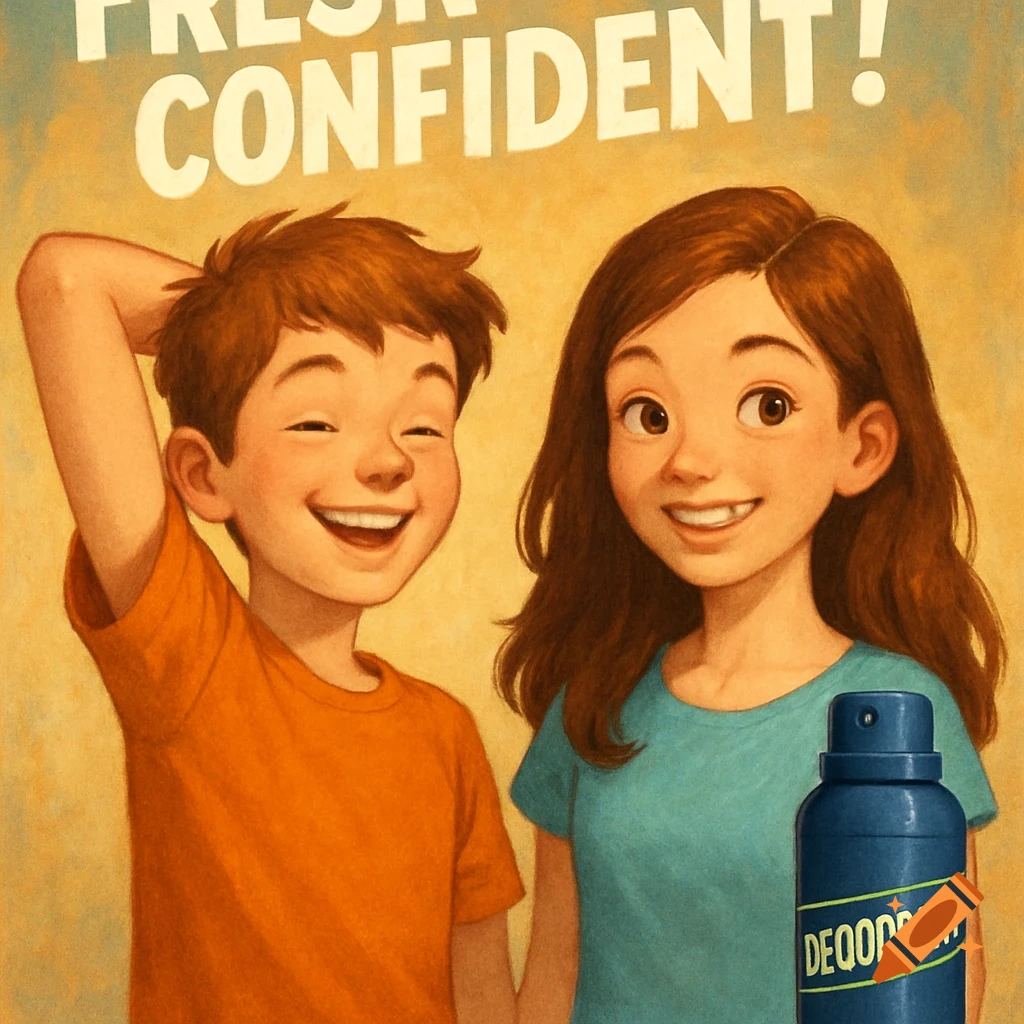 Illustration of a smiling boy and girl with text 'Fresh Confident!' and a deodorant bottle.